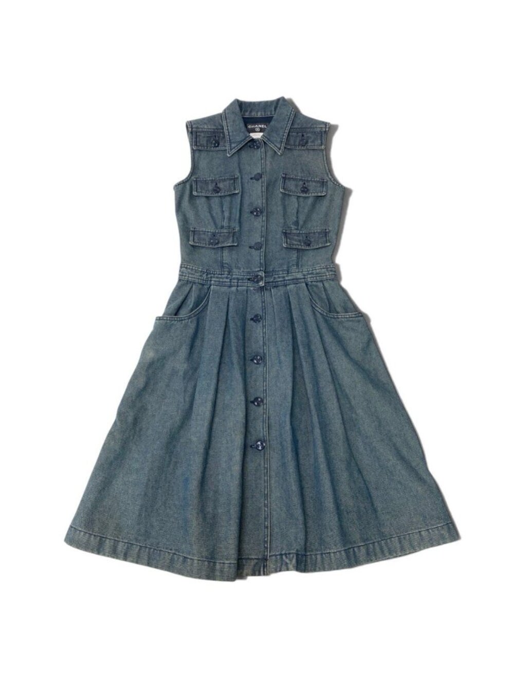 Chanel 01P CC Button Denim Long Dress Vintage CC Indigo Blue 36
